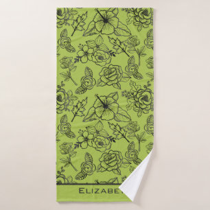 Floral seamless pattern green bg personalised name bath towel