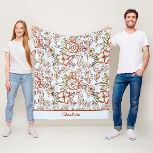 Floral seamless pattern orange personalised name fleece blanket