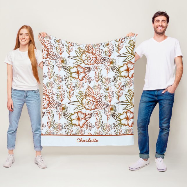 Floral seamless pattern orange personalised name  fleece blanket (In Situ)