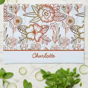 Floral seamless pattern orange personalised name tea towel