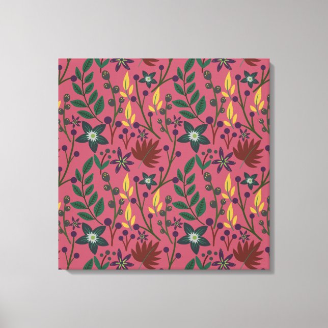 Floral seamless pattern pink flowers leaves branch canvas print (Front)