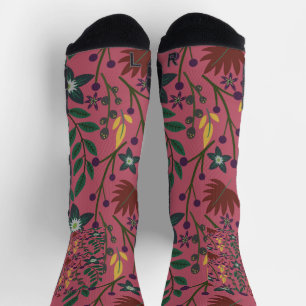 Floral seamless pattern pink flowers leaves branch socks