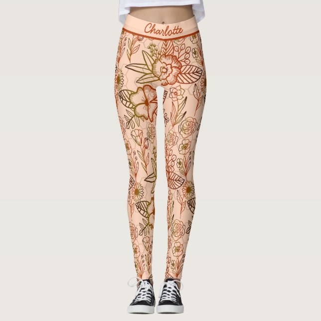 Floral seamless pattern pink personalised name  leggings (Front)