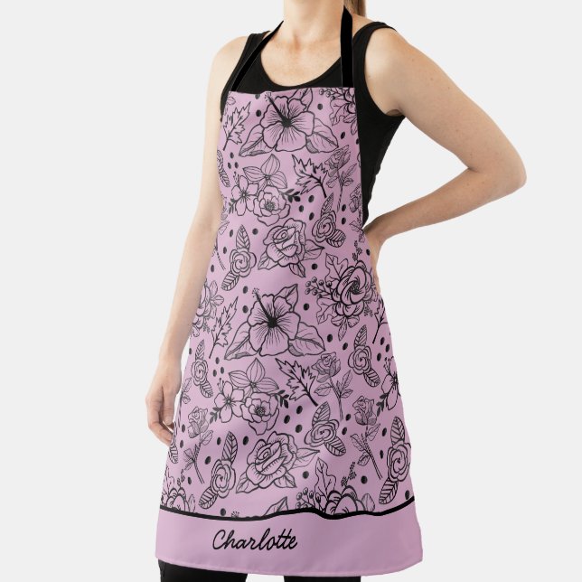 Floral seamless pattern purple personalised name apron (Insitu)