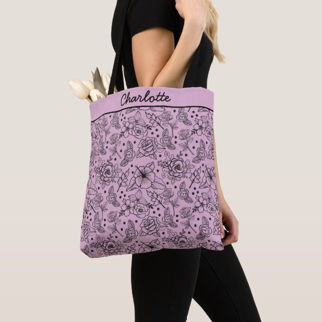 Floral seamless pattern purple personalised name  tote bag (Close Up)