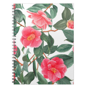Floral seamless pattern, red camellia flowers with notebook