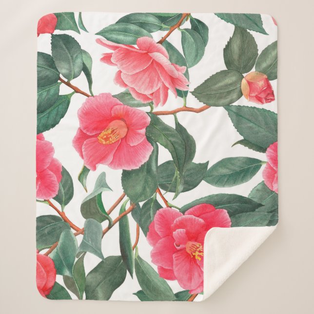 Floral seamless pattern, red camellia flowers with sherpa blanket (Front)