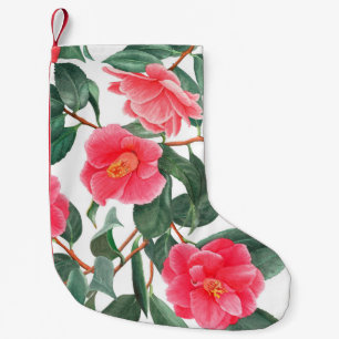 Floral seamless pattern, red camellia flowers with small christmas stocking
