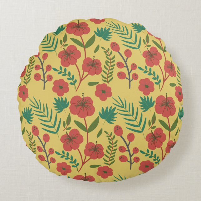 Floral seamless pattern red yellow green flowers round cushion (Front)