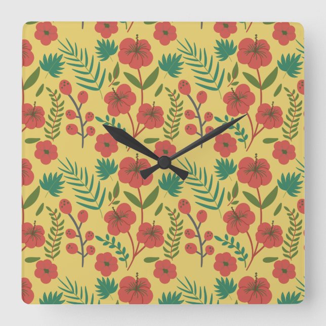 Floral seamless pattern red yellow green flowers square wall clock (Front)