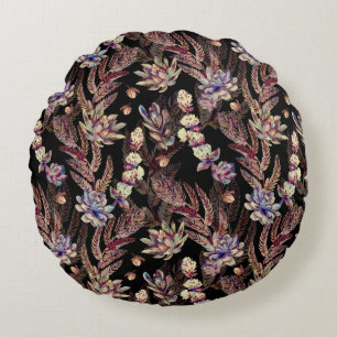 Floral seamless pattern. Succulents, ferns, thorns Round Cushion