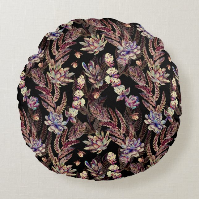 Floral seamless pattern. Succulents, ferns, thorns Round Cushion (Front)