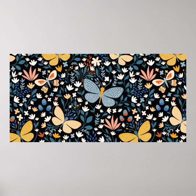 Floral seamless pattern with butterflies,hand draw poster (Front)