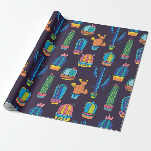 floral seamless pattern with cute cactuses on the  wrapping paper (Unrolled)