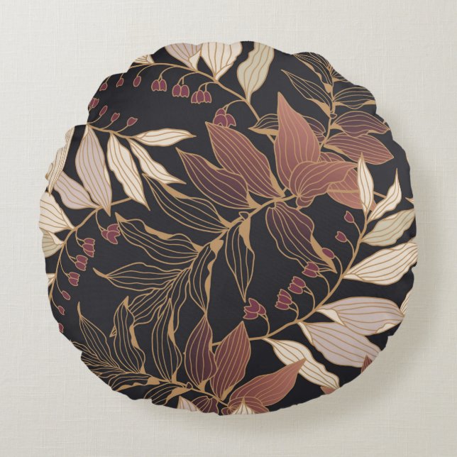 Floral seamless pattern with leaves on a dark back round cushion (Front)