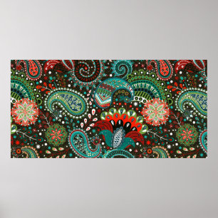 Floral seamless pattern with paisley elements poster