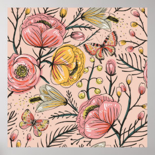 floral seamless pattern with vintage flowers and poster