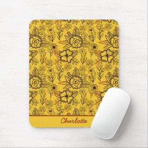 Floral seamless pattern yellow personalised name mouse pad