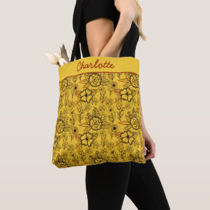 Floral seamless pattern yellow personalised name tote bag