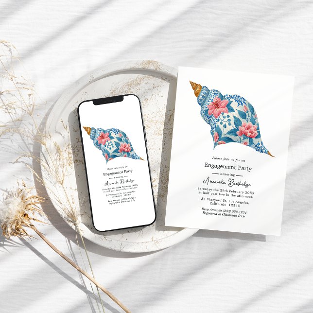 Floral Seashell Coastal Beach Engagement Party Invitation (Floral Seashell Coastal Beach Engagement Party Invitation)