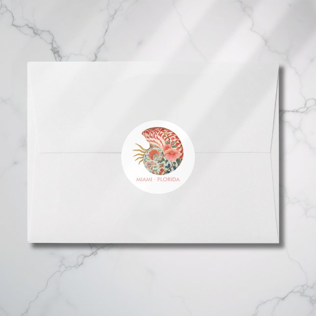 Floral Seashell Coastal Nautical Beach Wedding Classic Round Sticker (Floral Seashell Coastal Nautical Beach Wedding Classic Round Sticker)