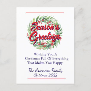 Floral Season's Greetings Red Personalize Holiday Postcard