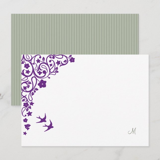 Floral Secret Garden Sage Stripe Script Monogram Card (Front/Back)