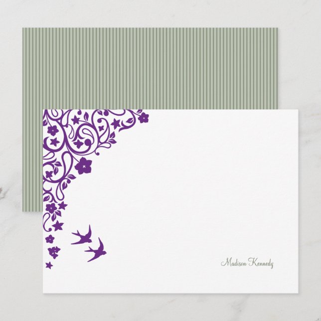 Floral Secret Garden Sage Stripe Script Name Card (Front/Back)