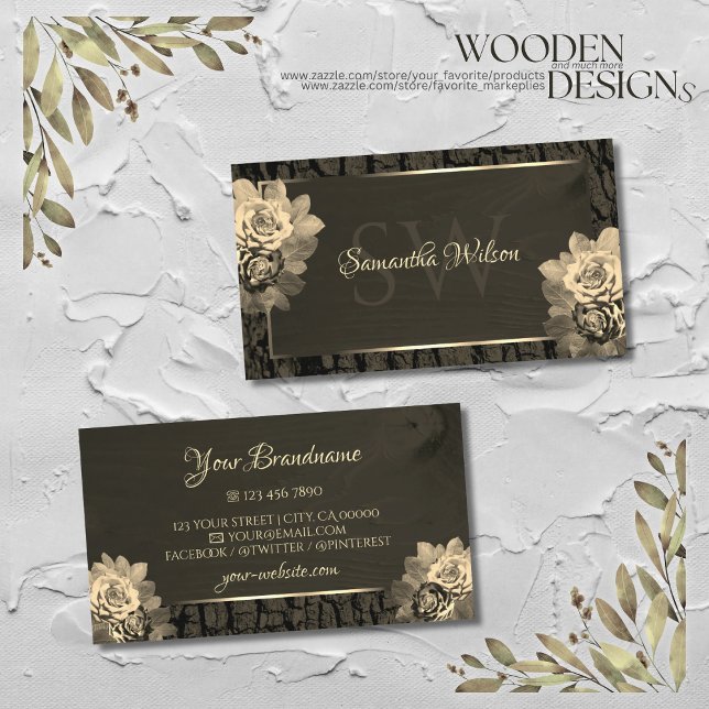 Floral Sepia Gold Dark Brown Wood Grain Monogram Business Card (Creator Uploaded)