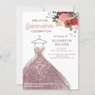 Floral sequins rose gold dress Quinceañera Invitation