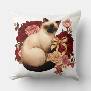 Floral Serenity: Curled Siamese Cat in Bloom Cushion