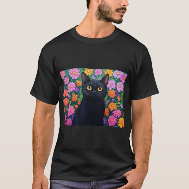 Floral Serenity: The Black Cat T-Shirt (Front)