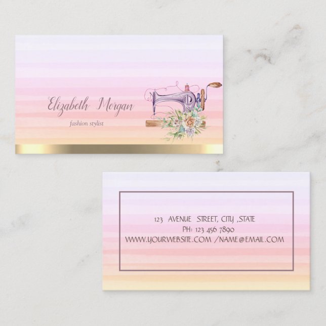 Floral Sewing Machine Stripes Ombre Business Card (Front/Back)