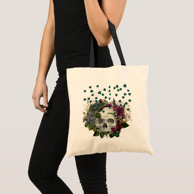 Floral Shamrock Skull Tote Bag (Front (Product))