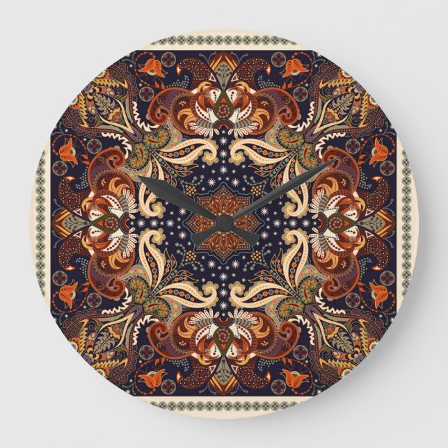 Floral shawl square ornament: Indian batik. Large Clock (Front)