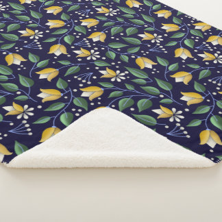 Floral Sherpa Blanket in Deep Blue and Yellow