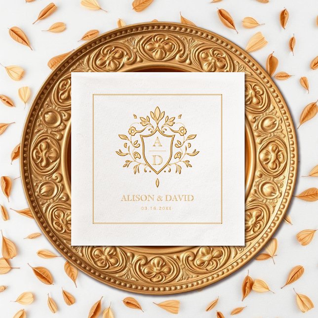 Floral shield crest monogram, border wedding gold foil napkins (Creator Uploaded)