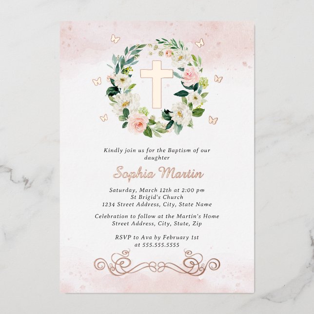 Floral Shiny Gold Cross Butterfly Girl Baptism  (Front)