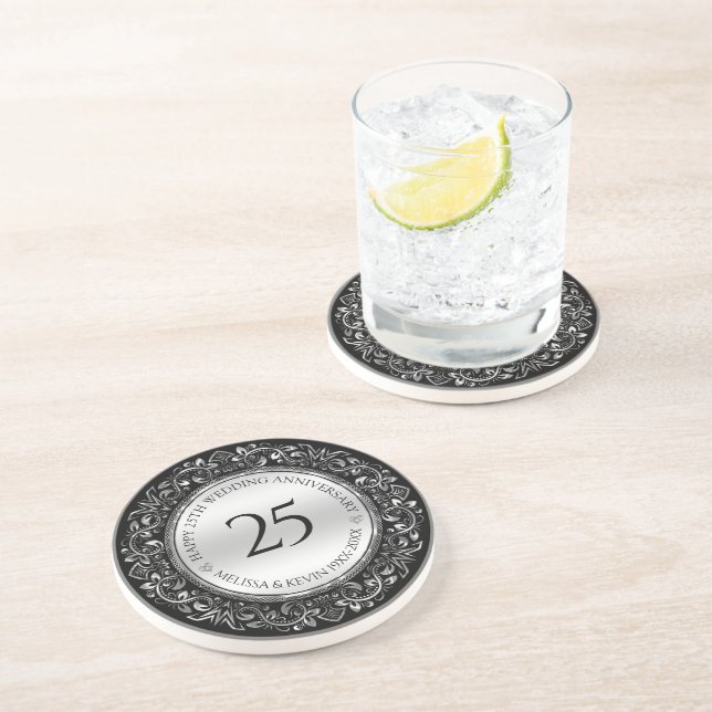 Floral shiny silver Frame 25th Wedding Anniversary Coaster (Side)