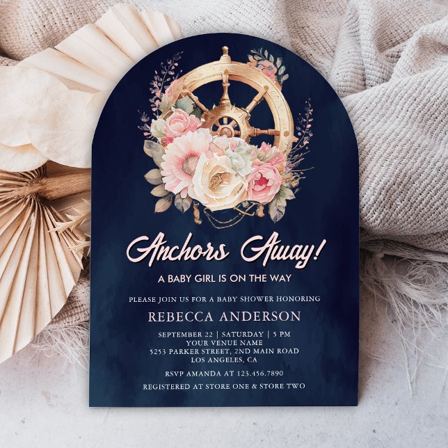 Floral Ship Wheel Nautical Girl Navy Baby Shower Invitation (Creator Uploaded)
