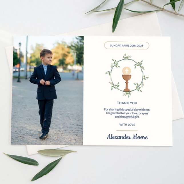 Floral Side Wreath Photo Communion Thank You Invitation (First Communion reminder with Photo and Floral Wreath)