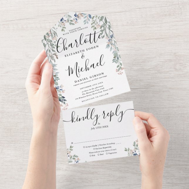 Floral Signature Script Monogram Wedding  All In One Invitation (Tearaway)