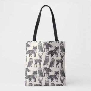 Floral Silhouette Fox, Deer, and Owl Folk Art Tote Bag