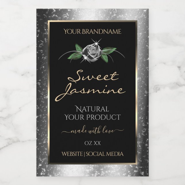 Floral Silver Black Product Labels Sparkle Glitter (Single Label)