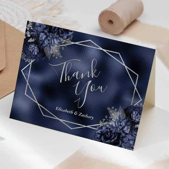 Floral Silver Geometric Navy Blue Foil Wedding Thank You Card (Creator Uploaded)