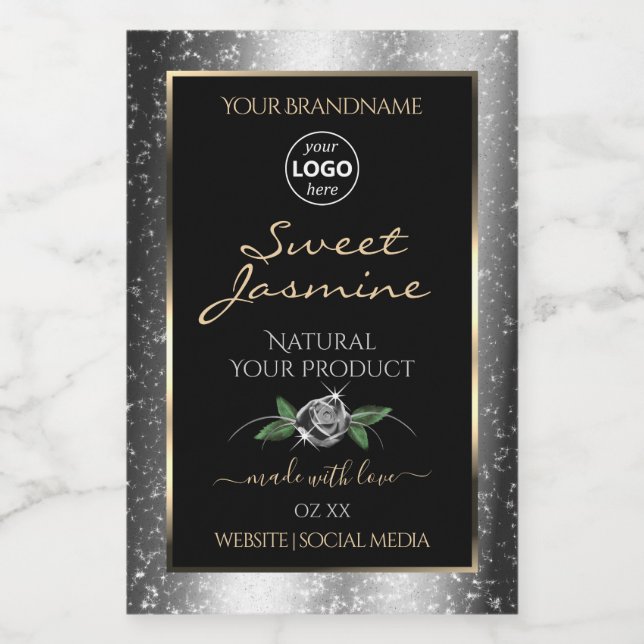 Floral Silver Glitter Black Product Labels Logo (Single Label)