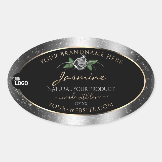 Floral Silver Glitter Black Product Labels Logo (Front)