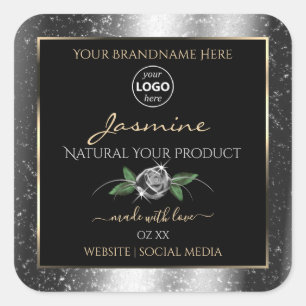 Floral Silver Glitter Black Product Labels Logo