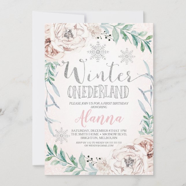 Floral Silver Glitter Winter Onederland Birthday Invitation (Front)