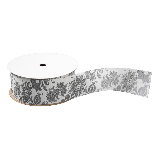 Floral Silver Grey White White Metallic Favour Grosgrain Ribbon (Spool)